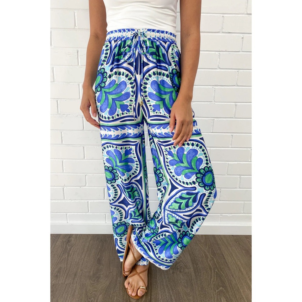 Emerson Rose Women Palazzo Pants Medium Blue Green Medallion Wide Leg Boho